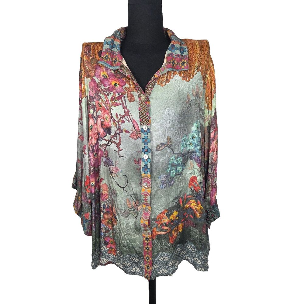 John Mark Women 1X Mother Pearl Button Up Shirt Multicolor Patchwork Floral Art